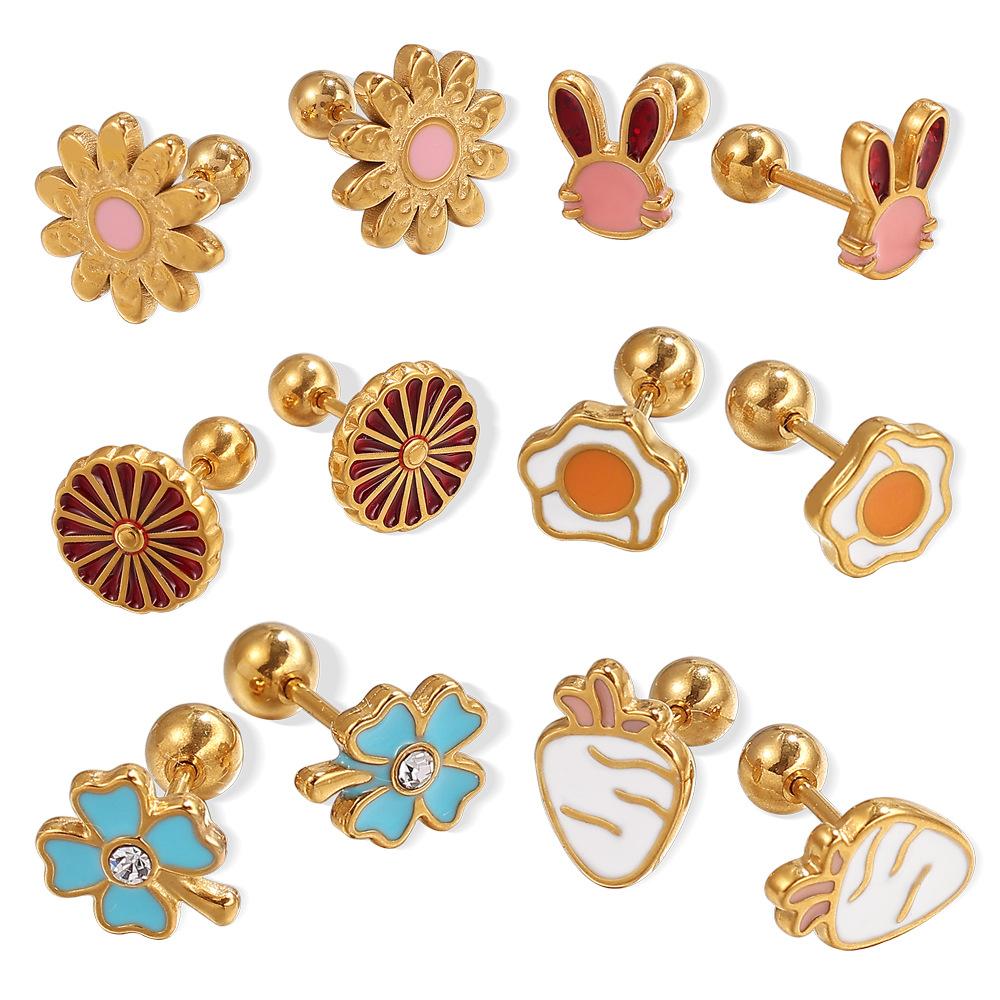 Sweet Cool Wind Cartoon Cute Dripping Rabbit Flower Earrings Stainless Steel Gold Plated Earrings Women