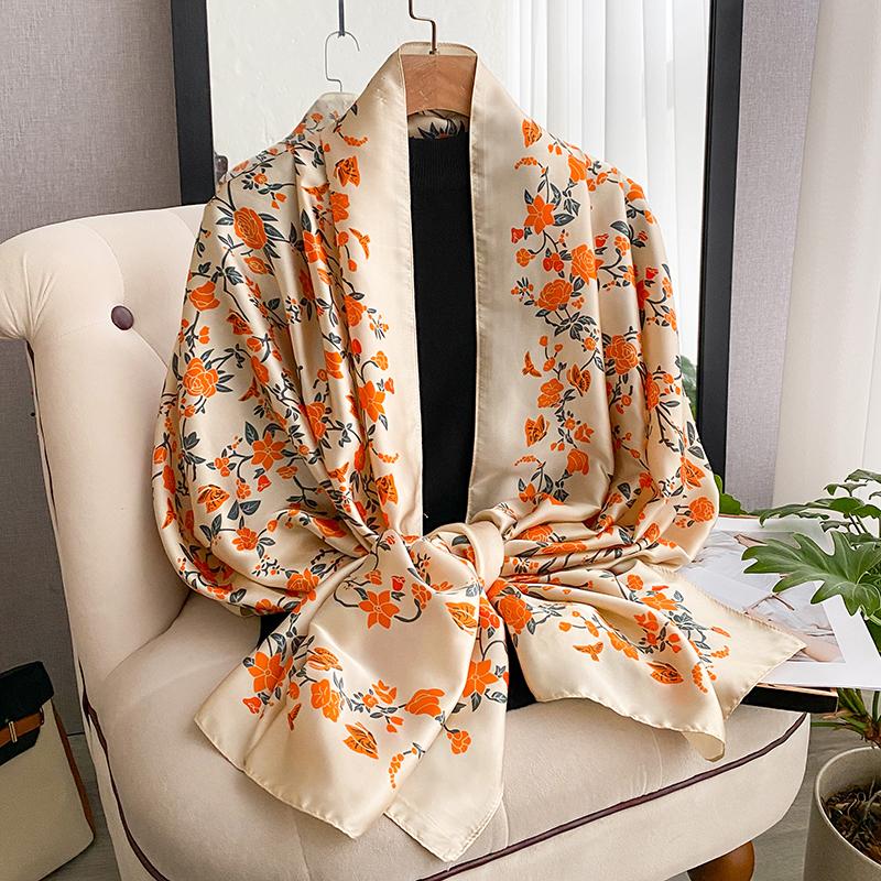 Luxury Satin Silk Scarf For Women New Print Shawls And Wraps Neckerchief Large Hijab Beach Stoles Headscarves Echarpe Bandana