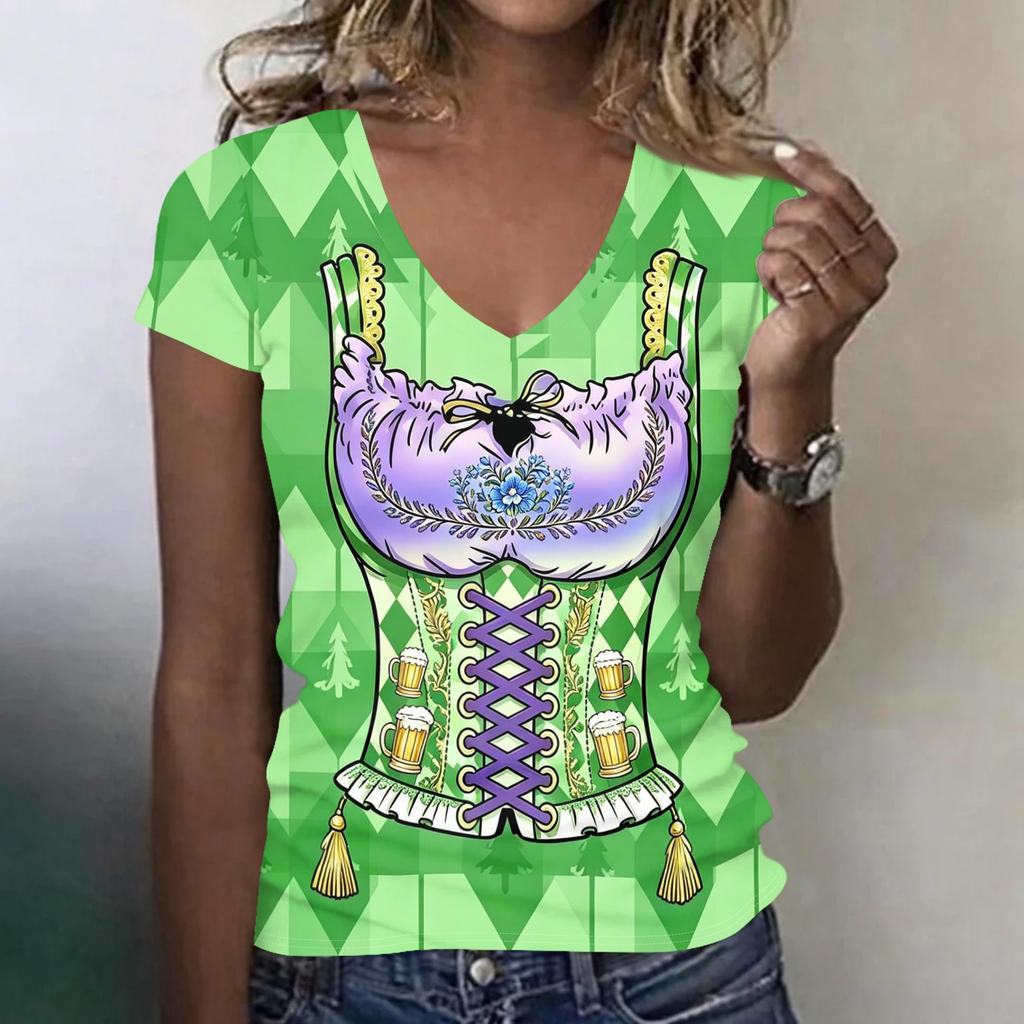 Camiseta Casual de Manga Corta con Cuello en V para Mujer Estampado Oktoberfest Top Tejido Ligero y Transpirable Camiseta de Corte Holgado para Uso Diario