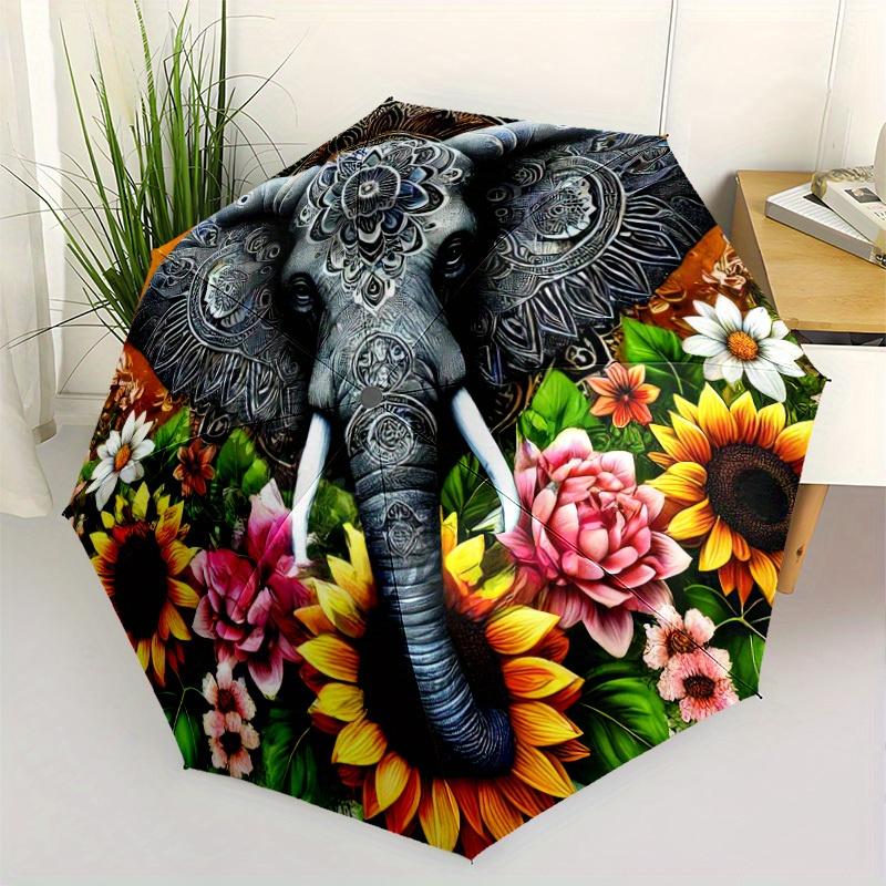 Floral Elephant Automatic Folding Umbrella Light And Portable Suitable For Outdoor Leisure Timet10