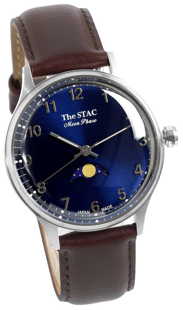 The STAC 36mm Antique Retro Wristwatch for Men and Moon Phase Arabic with Blue Brown Japanese-made Women, (ST-MF001)
