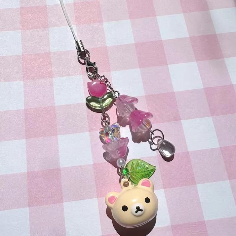 Cute Rilakkuma Bear Bell Matching Phone Charms Handmade Totoro Cat Star Hanging Chain Beaded Pendant Cardbook Keychain Gifts