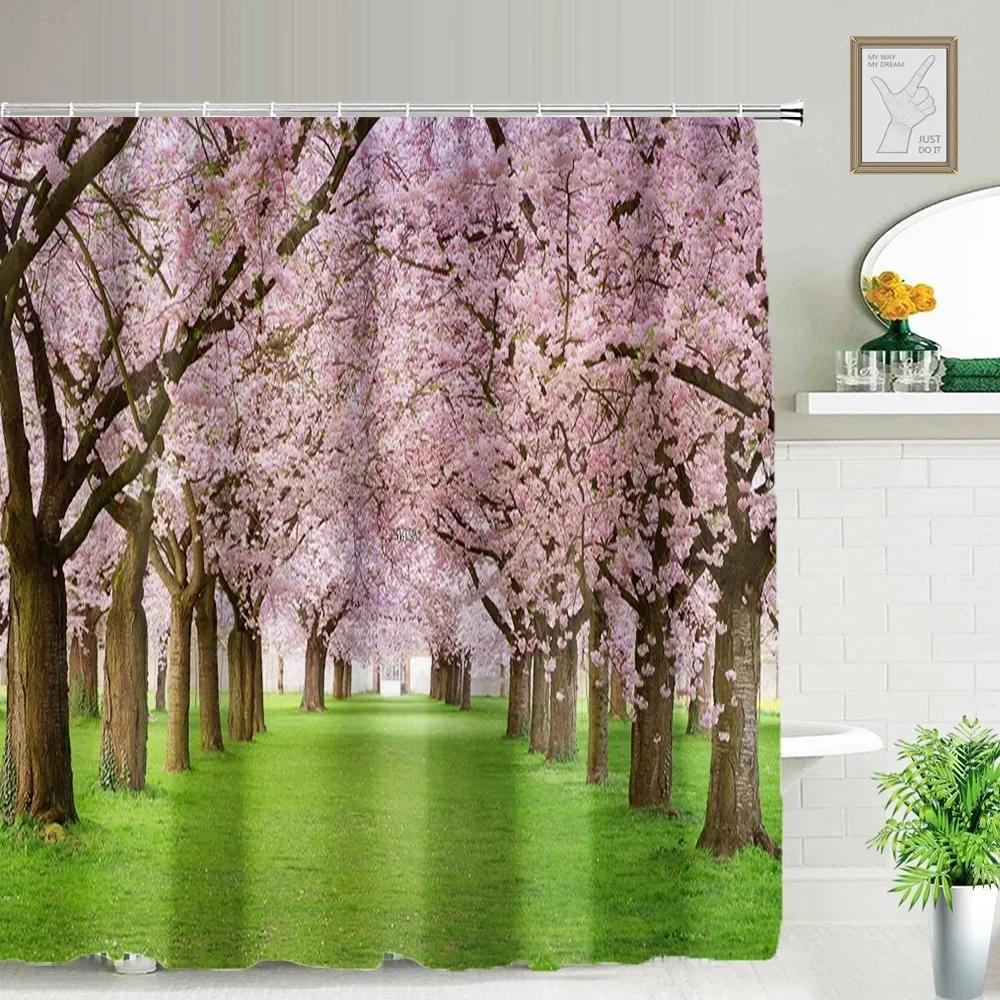 Refreshing Spring Scenery Shower Curtain Waterproof Landscape Shower Curtain With 12 Hooks Bathroom Decor Bathroom Accessories