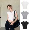Front Shoulder Crew Neck Spice Girl Open Button Short Sleeve T-shirt, Summer New Short Top Women