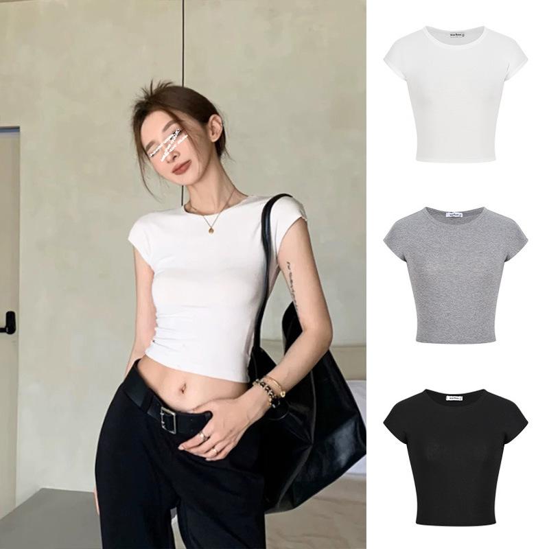 Front Shoulder Crew Neck Spice Girl Open Button Short Sleeve T-shirt, Summer New Short Top Women