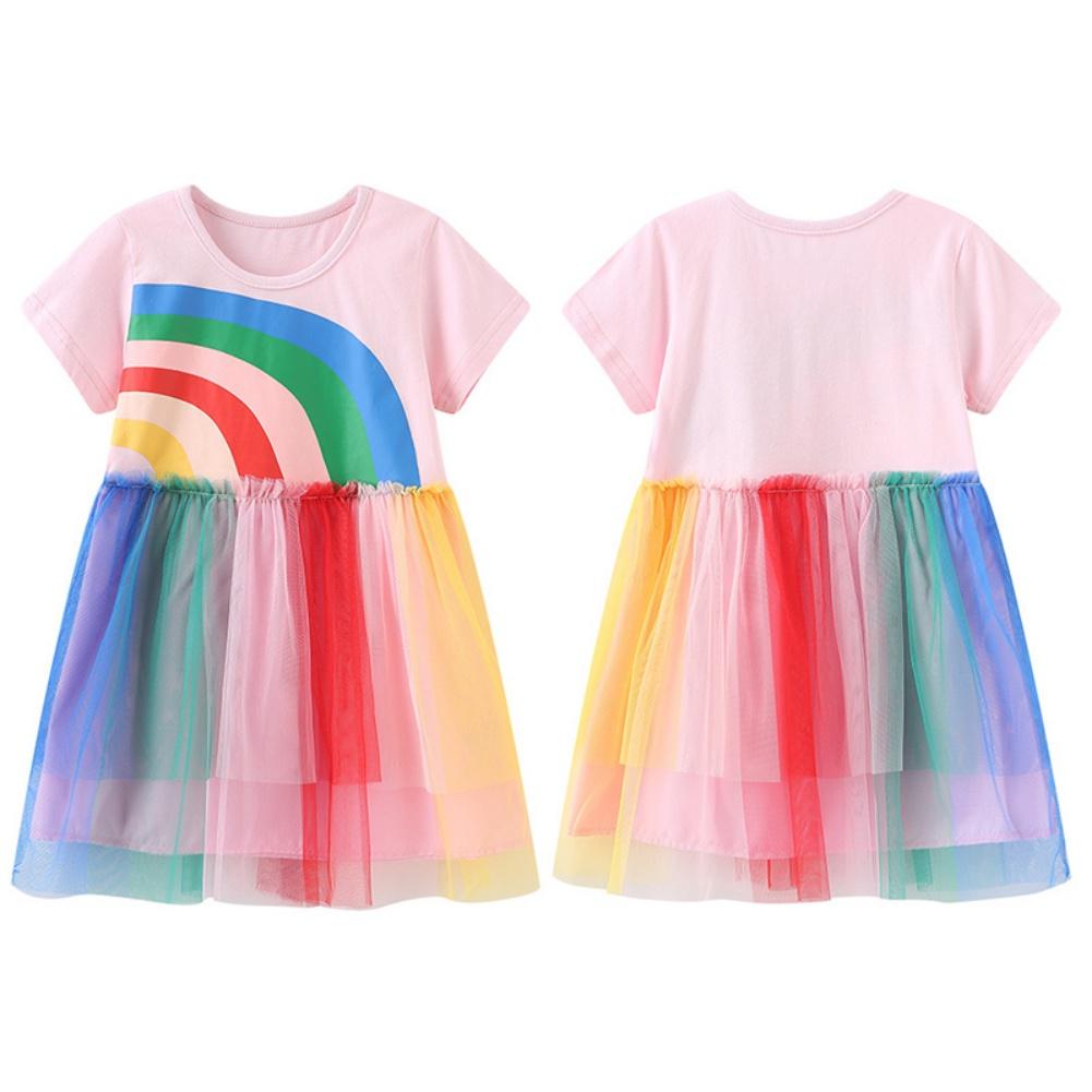 1-7 Years Children's Rainbow Pattern Print Short Sleeved Dress Colorful Mesh Princess Dress Festival Dress