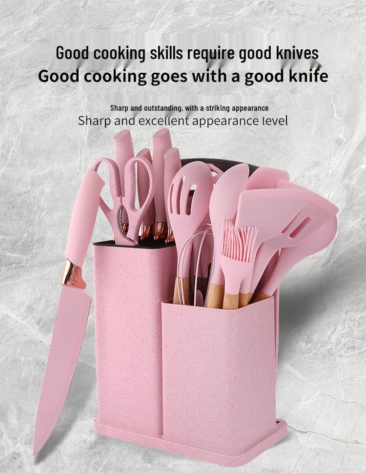 Spot Silicone Kitchen Utensil 19-Piece Non-Stick Set: Includes Spatulas, Spoons, Storage Bucket, and Knife Set.