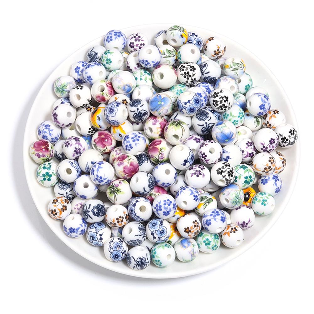50Pcs 10mm Round Ceramic Beads Colorful Plum Blossom Sunflower Pattern Loose Porcelain Beads For DIY Bracelet Necklace Jewelry