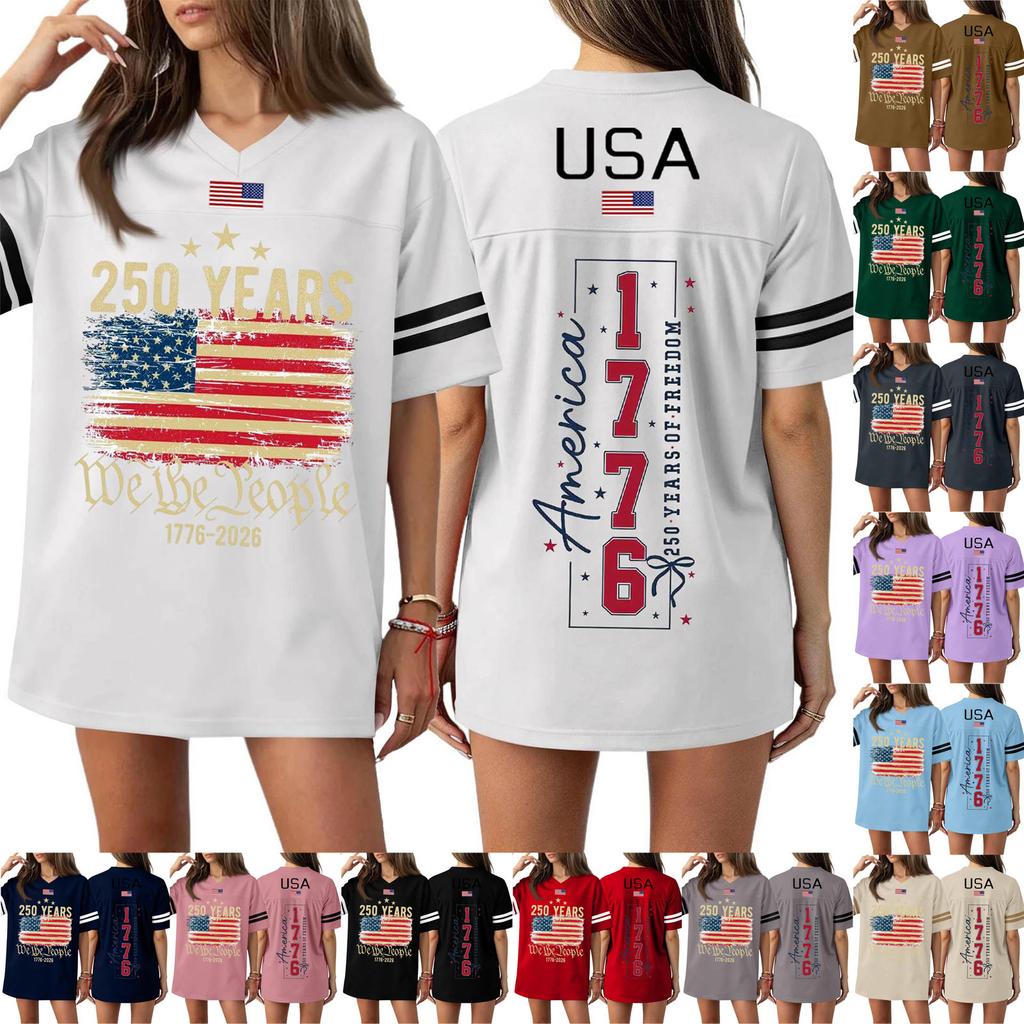 Women's Casual Fashion V-Neck Sports Independence Day Print Short Sleeve Sports T-Shirt Top