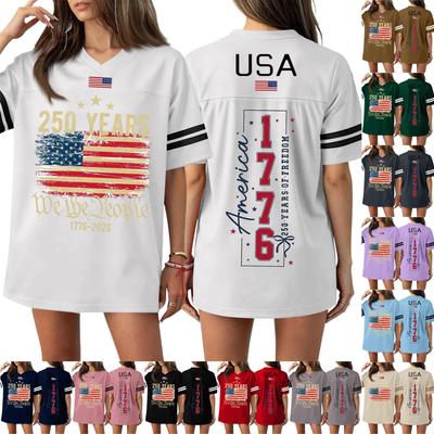 Damen Casual Mode V-Ausschnitt Sport Unabhängigkeitstag Druck Kurzarm Sport T-Shirt Top