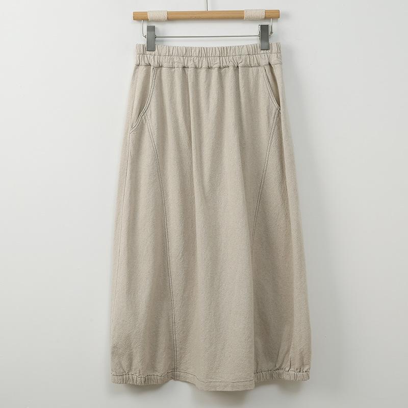 Johnature Women Vintage Skirts Solid Color Elastic Waist Cloths Spring Pockets A-Line Soft Skirts