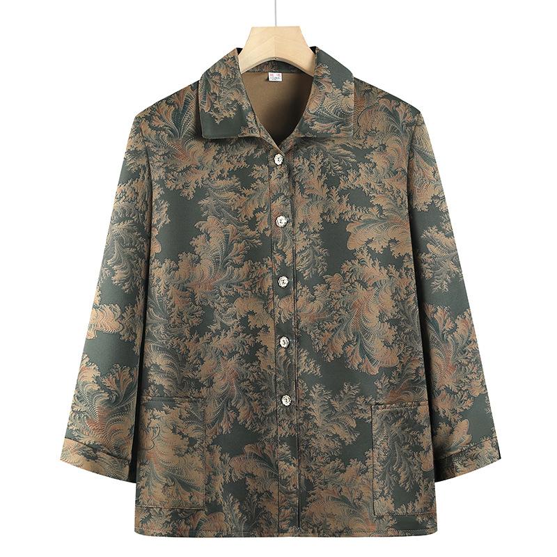 Women's Long-sleeved Square Collar Shirt Elderly Spring and Autumn Clothing Thin Coat