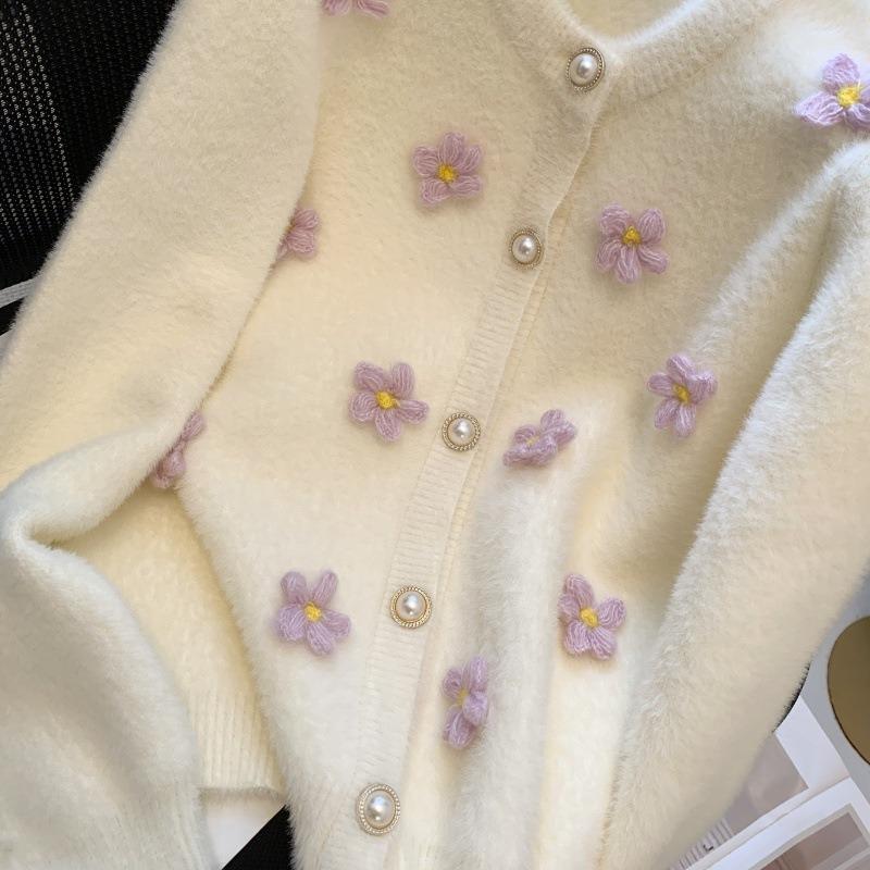 Plush soft waxy fashion sweater jacket women's summer new heavy industry flowers gentle and sweet knitted cardigan