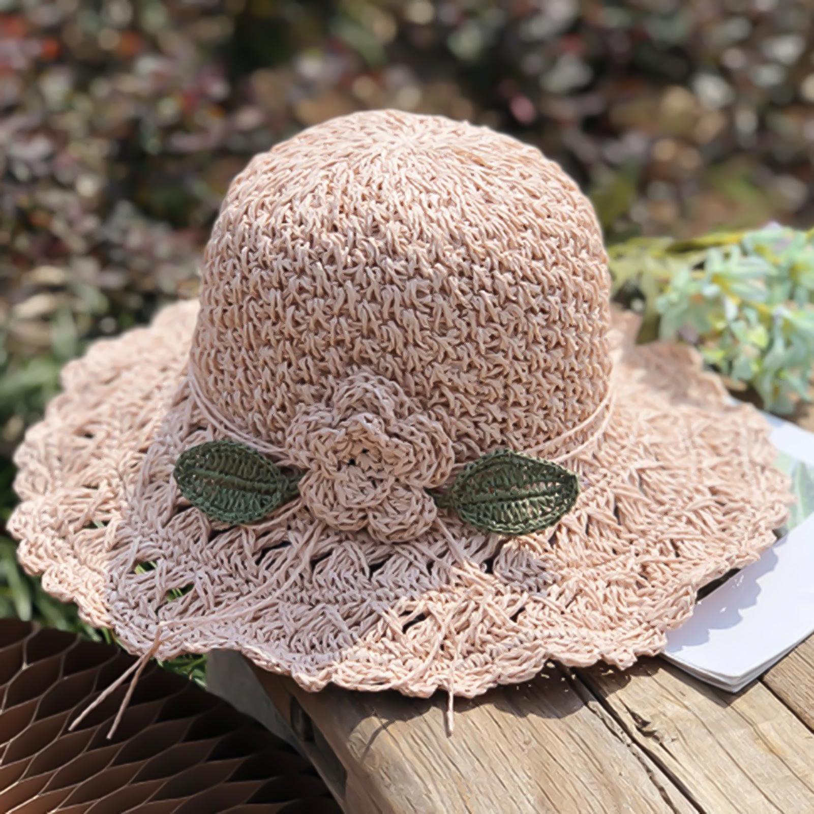 Elegante Gehaakte Strohoed met Brede Rand en Ruche Ontwerp Zomer Strand Zonbescherming Voor Buitenreizen Dames gray