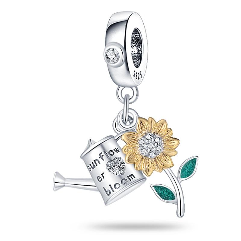 Copper Flower With Various Shapes Sparkling Zircon Sunflower Charms Beads Fit Pan Original Bracelets Diy Jewelry