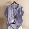 Women's Fashion Round Neck Short Sleeve T-shirt Casual Cotton Linen Graphic Shirt Leisure Loose Flowers Prined Summer Blouse Tops
