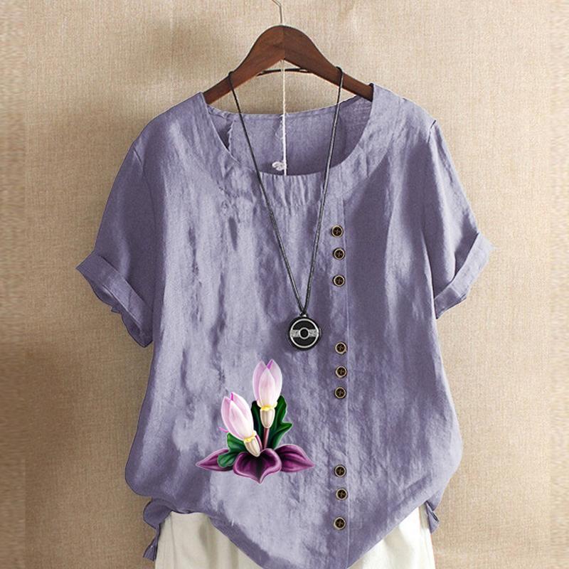Women's Fashion Round Neck Short Sleeve T-shirt Casual Cotton Linen Graphic Shirt Leisure Loose Flowers Prined Summer Blouse Tops