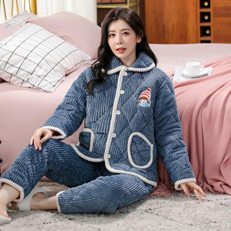 Coral fleece women's pajamas three-layer padded cotton thickened pregnancy postpartum breastfeeding set thermal loungewear