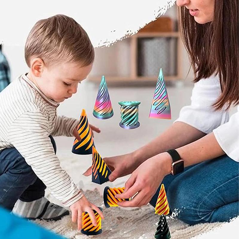 7Pcs 3D Printed Toy Rotating Pyramids Three-Dimensional Spiral Cone Fidget Toy 3D Spiral Cone Prelearning Accessiories