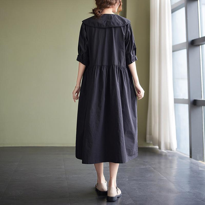 

2025 лето ретро свободный повседневный модный однотонный хлопковый сарафан женский отложной воротник рукав три четверти средней длины one size fits all чёрный