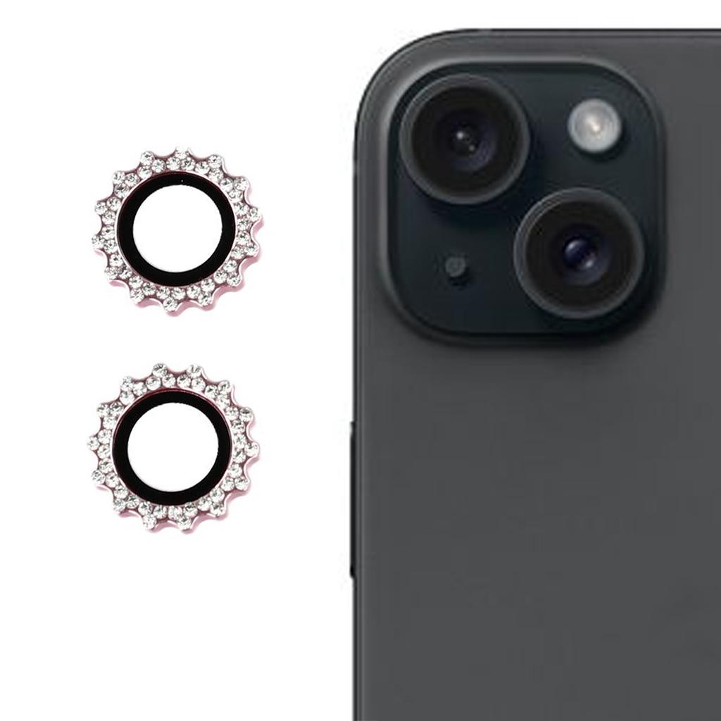1Set For iPhone 15/15 Plus Camera Lens Protector Gear Shape Rhinestone Decor Tempered Glass Lens Film