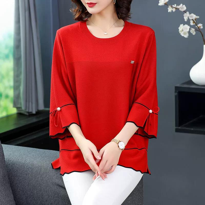 Elegant Chic Hollow Beaded Bow Three Quarter Sleeve Knitwears Women Simple Casual Loose Solid Pullover Knit Top Clothing