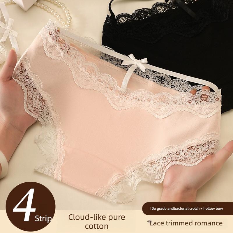 Ladies Spring Summer Sexy Lace Edge Sweet Bow Cutout Mid Waist Triangle Briefs