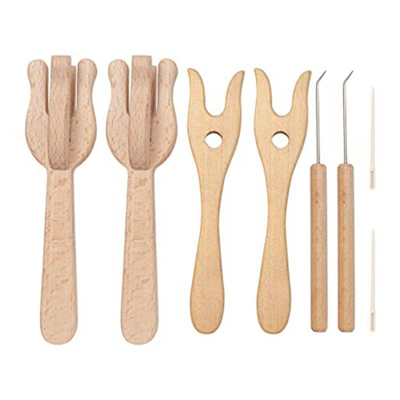 A74E-8Piece Portable Knitting Fork And Needle Kit Lucet Fork Crochet Wooden Knitting Fork Big Eye Needle Set Wood Color