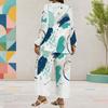 Women Plus Size Round Neck Long Sleeve Printed Layered Top Wide Leg Cropped Pants Two Piece Set
