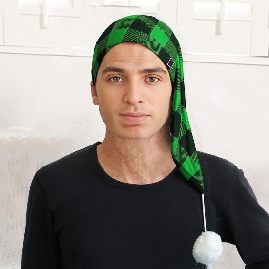 Men's Night Sleeping Cap Adjustable Stocking Cap Buffalo Plaid Santa Hat with Pom Ball Tassel for Winter Christmas Party Dwarf Gnome Costume