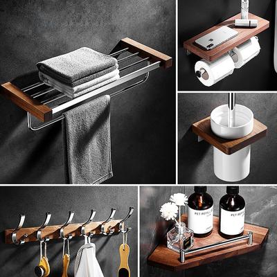 Tuqiu Towel Rack Hooks Towel Holder Corner Shelf Paper Holder Toilet Brush Holder Wood and Brass Bathroom Hardware Set