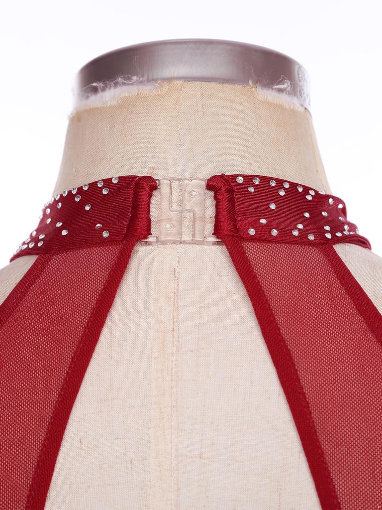 Dame Latin Dans Leotard Glitrende Rhinestone Dusker Mesh Lappverk Rygg Utklipp Bodysuit Ytelseskostyme