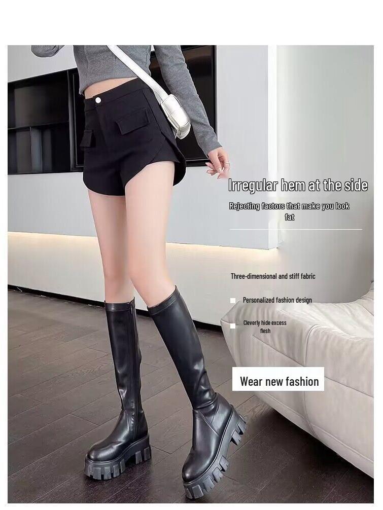 Black High Waist Elastic Women’s Shorts - Slim Fit, Wide-Leg, Casual Large Size Bootcut