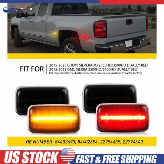 Smoked 4Pc Amber/Red LED Side Marker Lights Lamps For 2015- Chevy Silverado