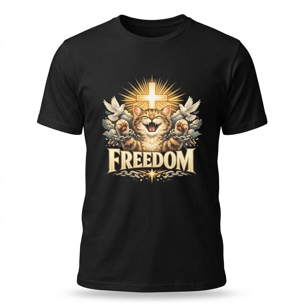 Freedom Christian Cat Cross Faith Inspirational Black T-Shirt