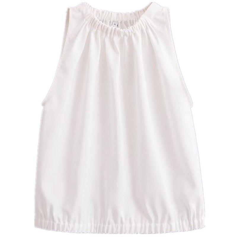 

Fashion Style 2024 Summer Romantic Garden Style Minimal White Pleated round Neck Sleeveless Shirt 05143946251 White L