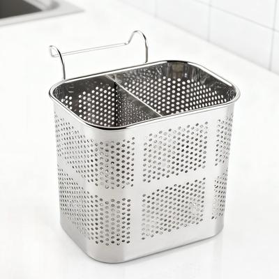 Stainless Steel Utensil Holder Chopsticks Storage Basket 2 Divided Compartments Drying Rack Holder Household Kitchen Supplies