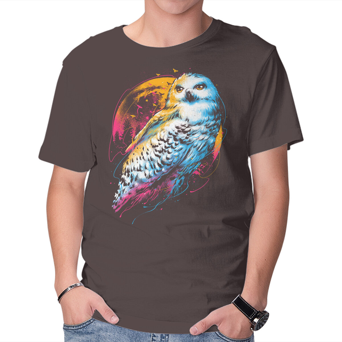 Unisex Crew Neck T-Shirt Colorful Owl Graphic Short Sleeve Casual Tee M
