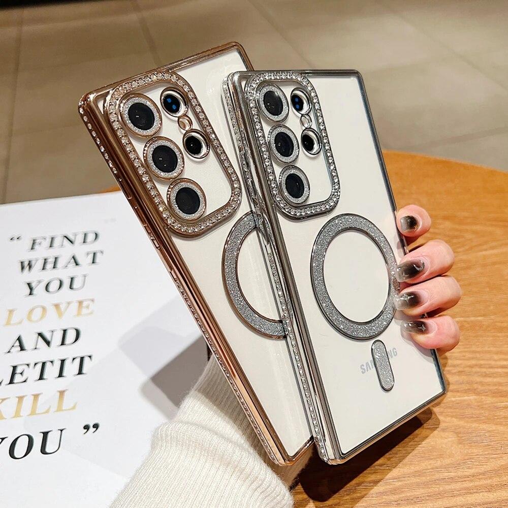 Husă de telefon transparentă, placată magnetică de lux, pentru Samsung Galaxy S24 S23 S22 Ultra Plus, cu sclipici, husă moale de protecție pentru lentile diamantate