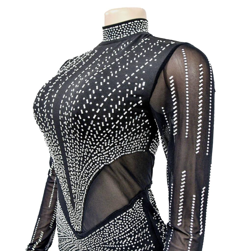 Fashion Women's Dress Solid Colour Mesh Drill Long Sleeve Long Dress