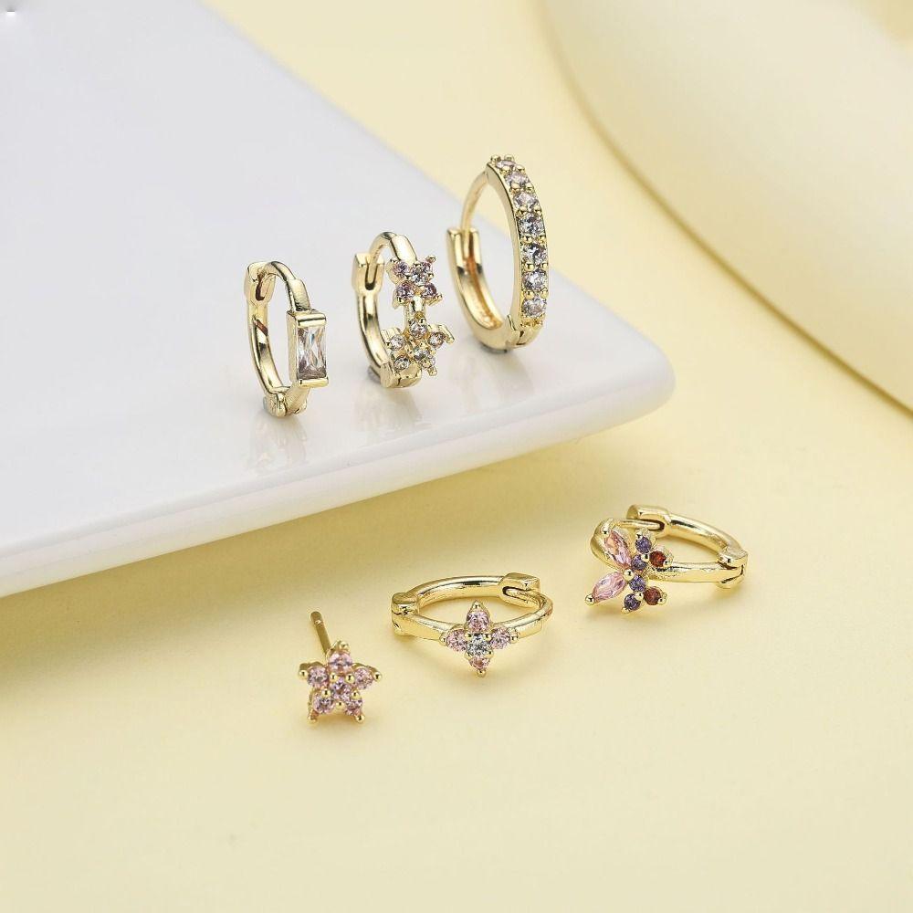 6Pcs Copper Flower Butterfly Earrings Ear Decor Crystal Ear Studs Unique Zircon Earring Set  Gifts
