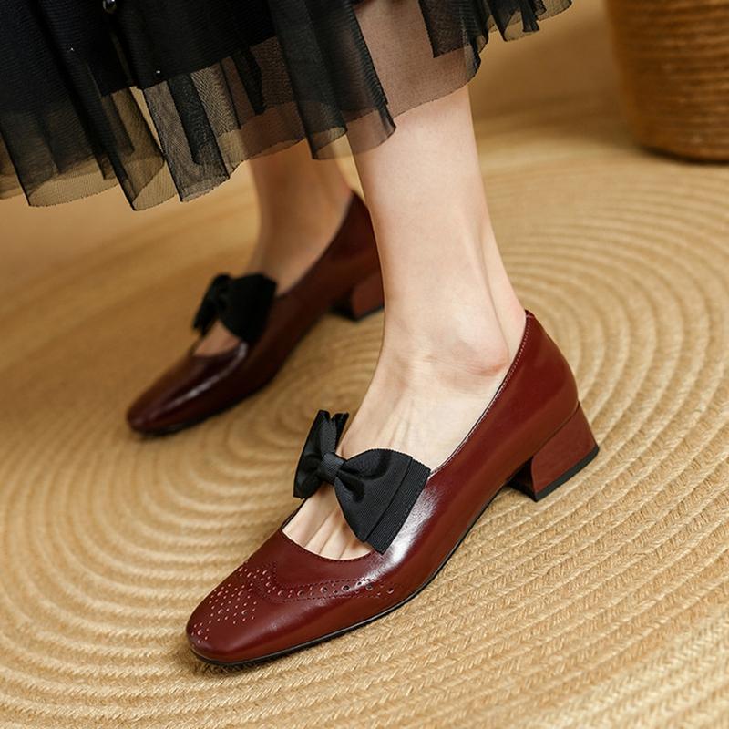 Fashion NEW Spring/Autumn Women Pumps Square Toe Chunky Heel Shoes Genuine Leather Shoes for Women Bow-knot Buckle Strap Mary Janes Shoe