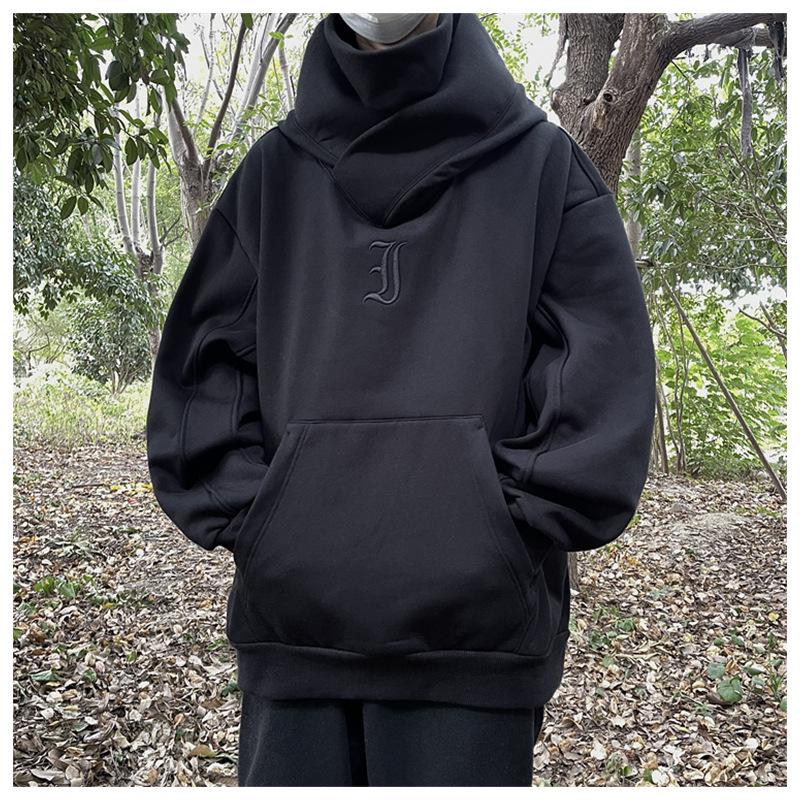 Men's High-Neck Embroidered Hoodie: Socially Anxious Ninja Style for Autumn/Winter