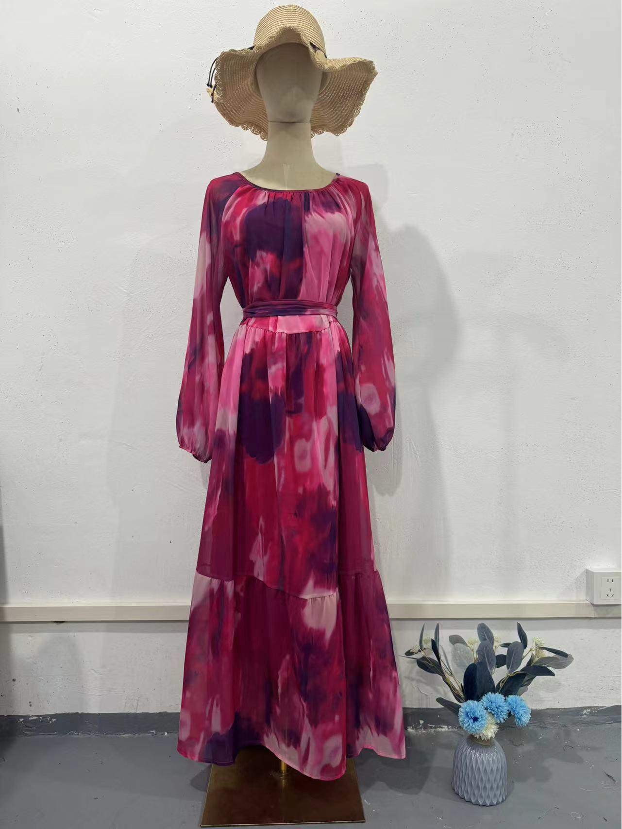 

Платье из шифона с принтом в ближневосточном мусульманском стиле, весна 2024 Small роза розовый