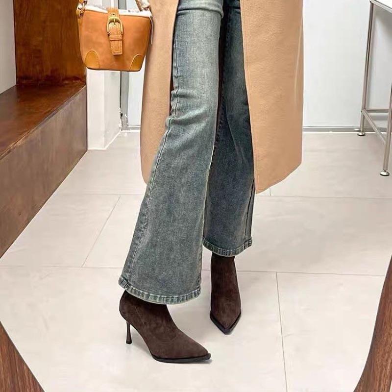 Elastic Velvet High Heels Booties Women's Autumn Winter Pointed Toe Slim Fit Boots Korean Sle Waterproof Platform Ankle Boots