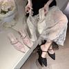 High heels women's spring and summer new bag head half drag temperament pointed lace mesh stiletto slippers women