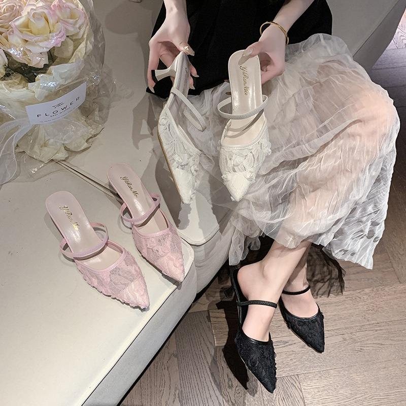High heels women's spring and summer new bag head half drag temperament pointed lace mesh stiletto slippers women
