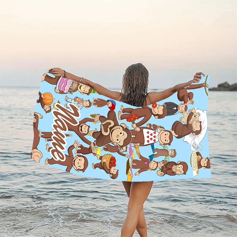 1pc Curious George2 Beach Towel with Custom Name, Beach/Swimming/Bath/Picnic/Camping Towel, Suitable for Seaside Beaches