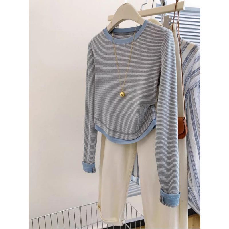 Striped Two-in-One Long-Sleeve Shoulder T-Shirt for Women, Spring/Fall 2024 Collection.
