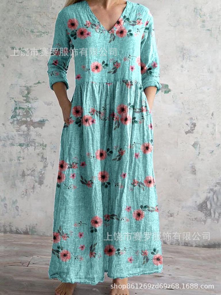 Damen Langarm V-Ausschnitt Maxi Kleid mit Streifenmuster, Knöchellanges Fließendes Kleid, Lässig Elegantes Kleid